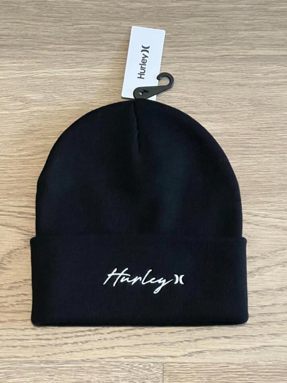 HURLEY Black Script Cuff 2.0 Beanie Black White Logo One Size Surf Skate NWT New